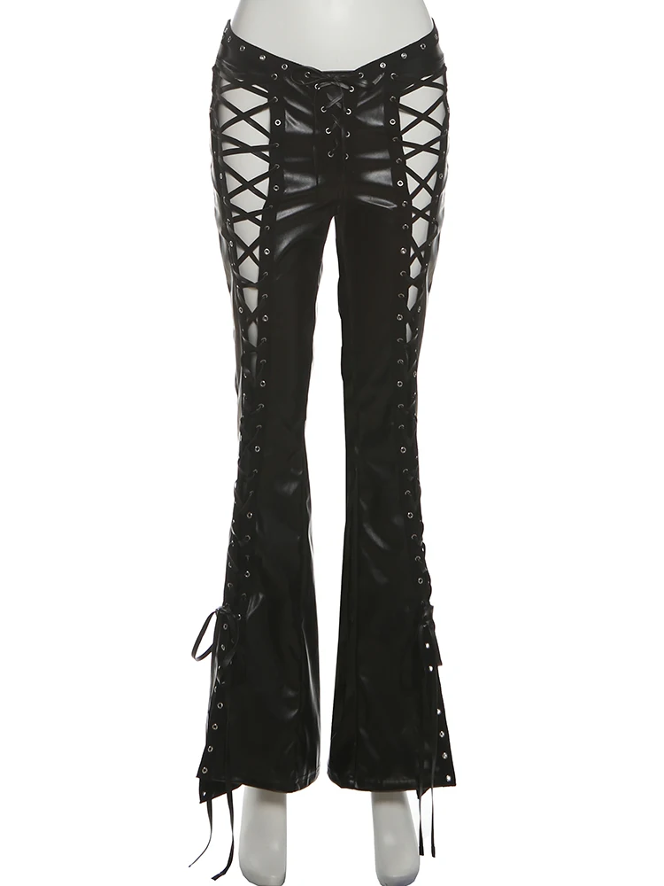 Nibber Faux Leather Bootcut Pants Women Cross Bandage Hollow Bow Tassel Skinny Coquette Midnight Music Festival Wild Streetwear