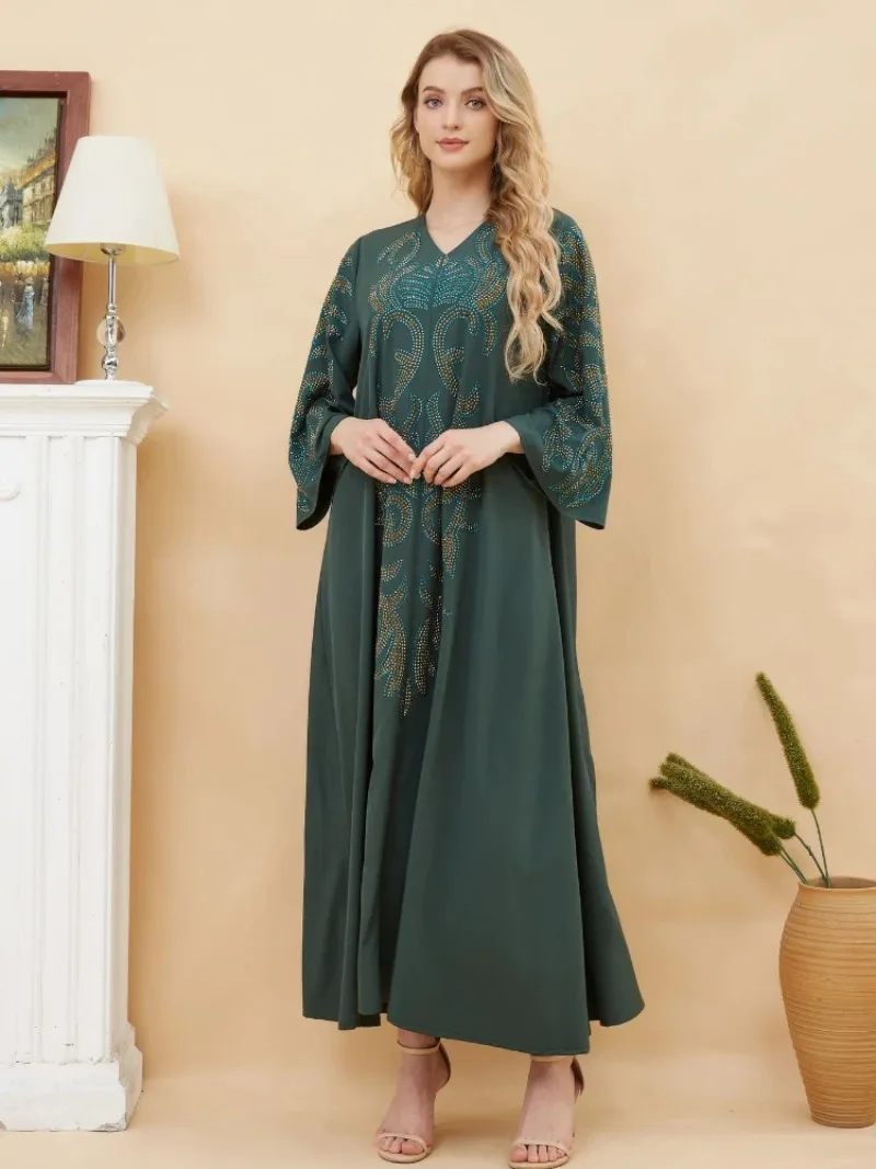 

ИД мусульманское платье для женщин абайя бриллиант Jalabiya с V-образным вырезом марокканские вечерние платья Дубай яркие мусульманские платья арабское длинное платье