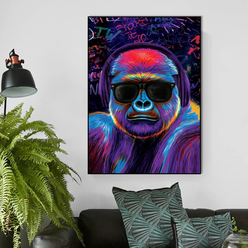 Peinture sur toile Pop Art pour la décoration intérieure, animaux amusants, singes portant des écouteurs, affiches imprimées, jeu Foy, art mural, rue