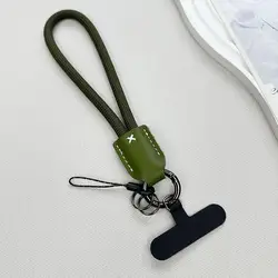 Stylish Braided Phone Lanyard with Leather Accents - Durable Outdoor Wrist Strap (Dark green)