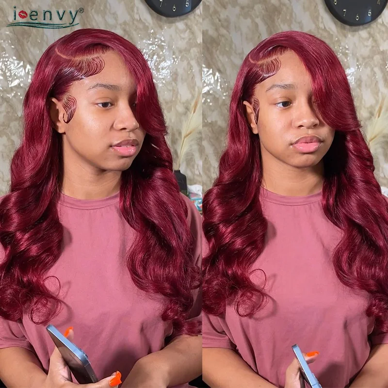 아이엔비 99J 버건디 바디 웨이브 인모 가발 여성용 체리 레드 컬러 13X4 13X6 HD 레이스 프론탈 가발 프리 플러킹 레미 헤어