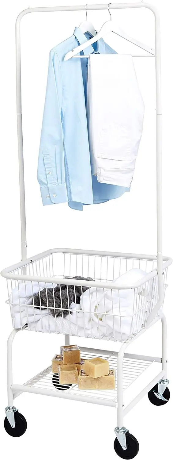 

Basics Rectangular Laundry Hamper Basket Butler Cart with Wheels and Hanging Rack, White