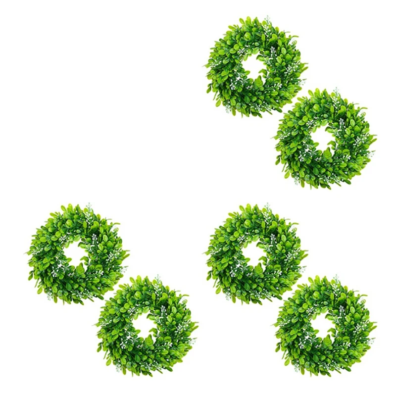 

HOT-6 Pack Artificial Boxwood Wreath Faux Artificial Green Leaves Wreath Front Door Hanging Wreath Decoration, 10 Inches