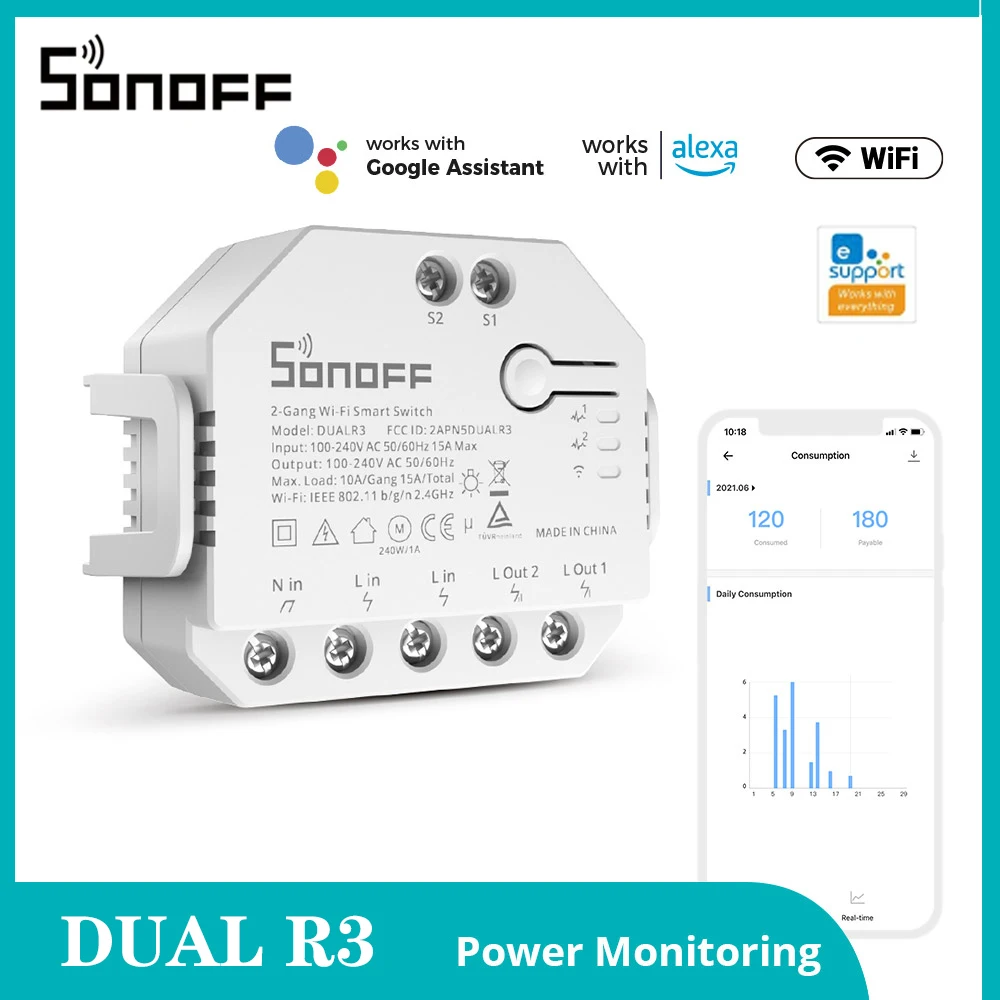 

SONOFF DUALR3 Dual Relay Module DIY MINI Smart Switch Power Metering 2 Gang Control via eWeLink Alexa Google Home Smart Home