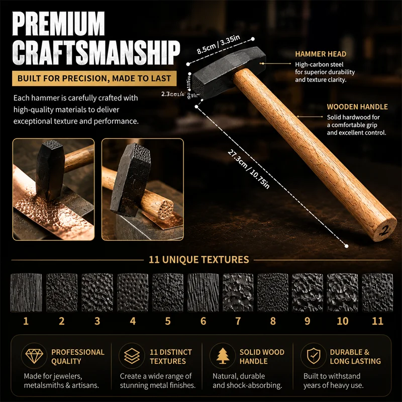 PHYHOO Professional Metal Texture Hammer for Jewelry Making Premium High Carbon Steel Texturing Craftsmith Tool with Wood Handle