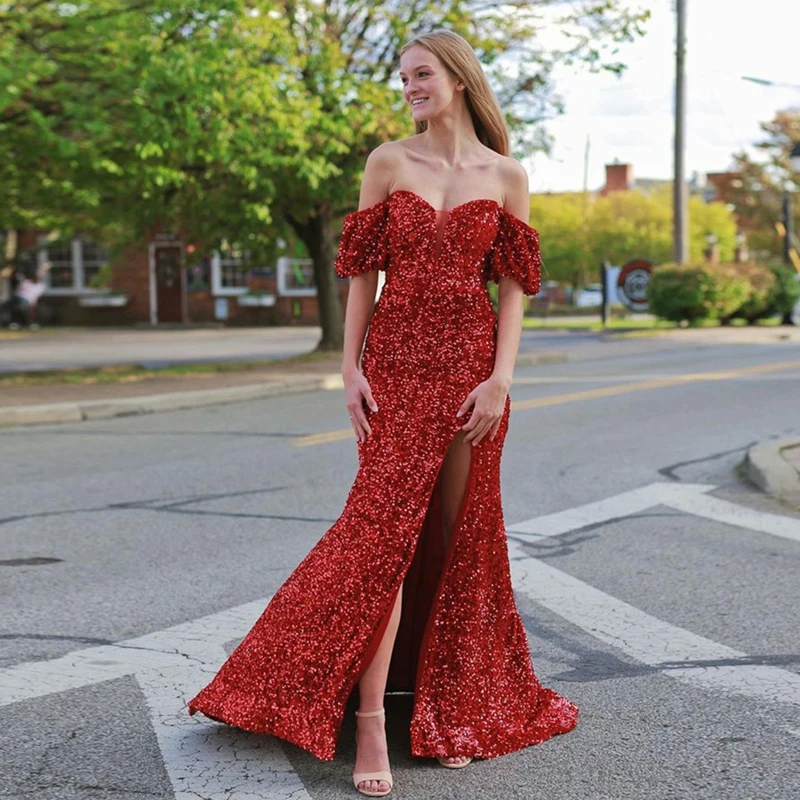 

Mermaid Sequined Prom Dresses Off the Shoulder Short Sleeve Evening Party Gowns Plus Size Sweep Train Special Occasion Formal We