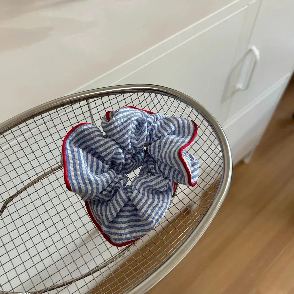 Red Hem Blue Striped Scrunchies Cute Elastic Hair Ties Sweet Fresh Style Hair Bands for Girls Women Fashionable Hair Accessories