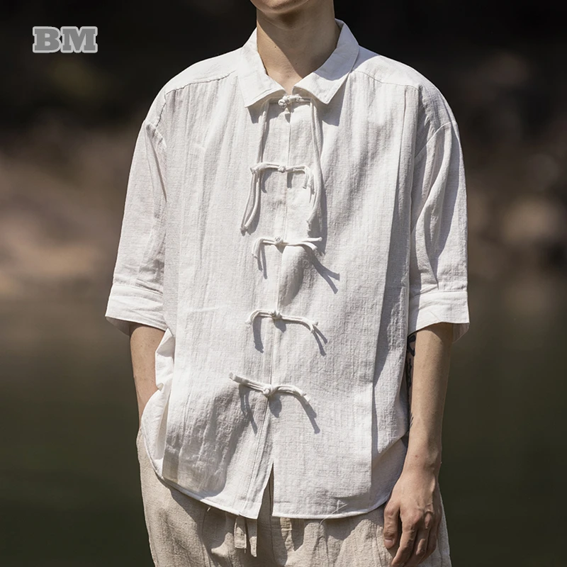 

Summer Chinese Traditional Dress Cotton Linen Shirt Men Clothing Vintage Plus Size Short Sleeve Thin Tai Chi Kung Fu Black Tops