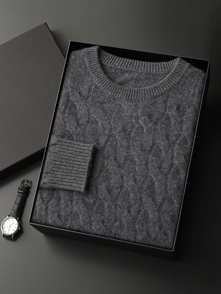 2024 Men's 100% Cashmere Cable Knit Sweater Autumn Winter O-neck Thick Long Sleeve Pullover Smart Casual Cashmere Knitwear Tops 4