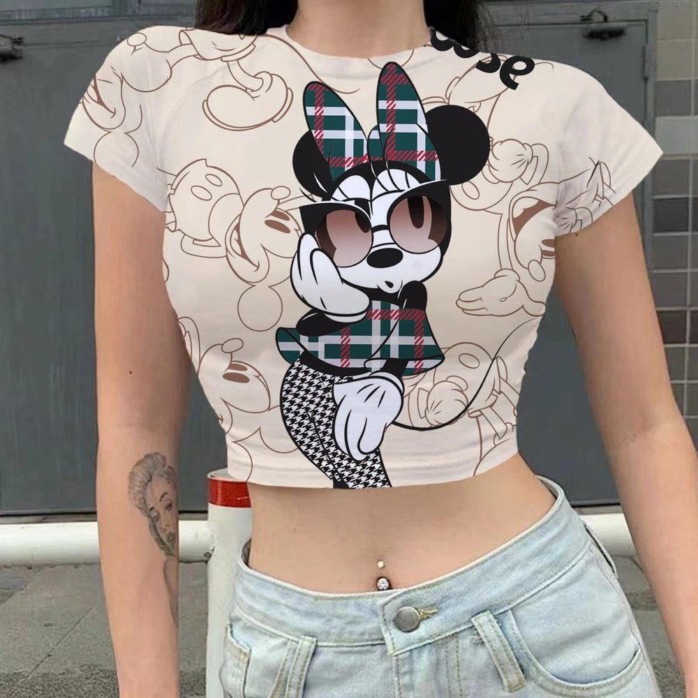 

T-shirts Fashion Women T-shirt Sexy Party Female Clothing Disney Woman Blouses 2022 Slim Fit Mickey Mouse Minnie Cartoon 3D Top