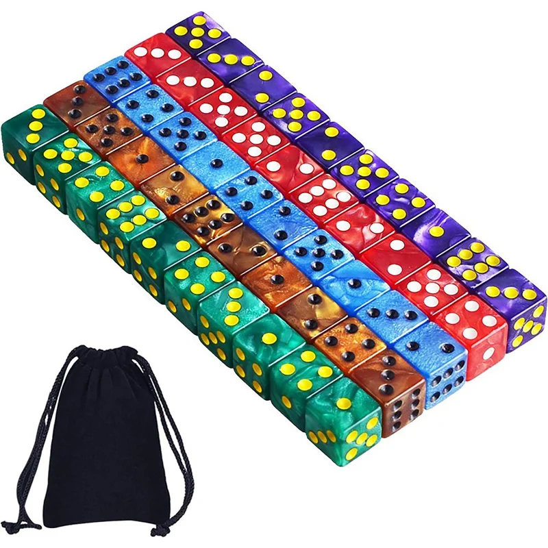 

50 Pieces/set, 10 Pieces of 16mm Pearl In 5 Colors, Square Corner Dice, Velvet Cloth Bag