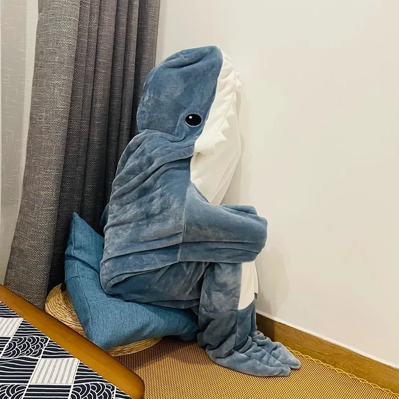 Sleeping Bag Pajamas Thickened Warm Flannel Cartoon Shark Men Women One-Piece Homewear