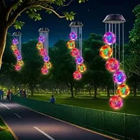 1pc Solar Powered Color Changing Pink Embroidered Ball Flower Wind Chime Light Waterproof Outdoor Night Light Hanging Solar Lamp 5