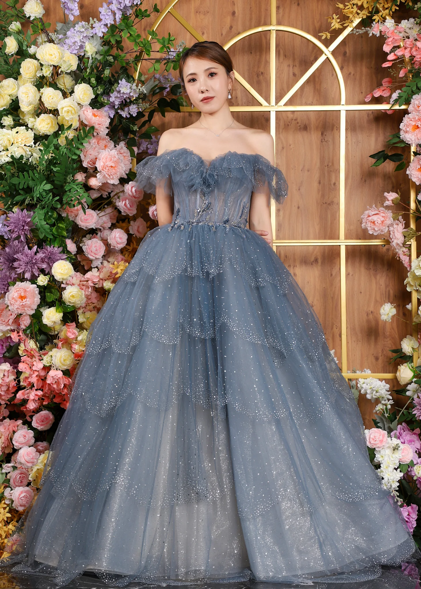 Women-Long-Blue-Tulle-Off-Shoulder-A-Line-Empire-Prom-Sparkly-Sequins ...