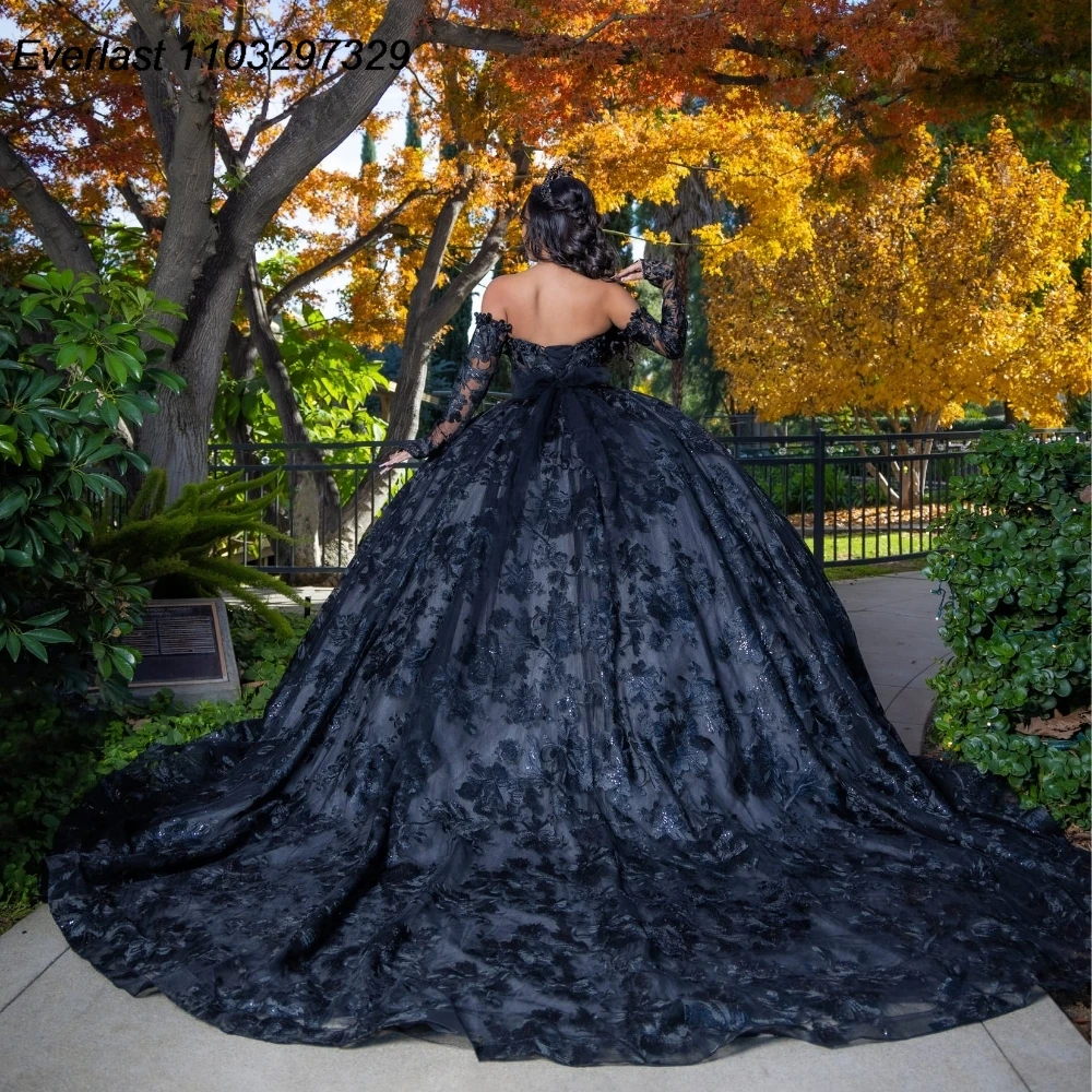 EVLAST Shiny Black Quinceanera Dress Ball Gown Lace Applique Beading Long Sleeve Sweet 16 Vestido De 15 Anos E1Q05