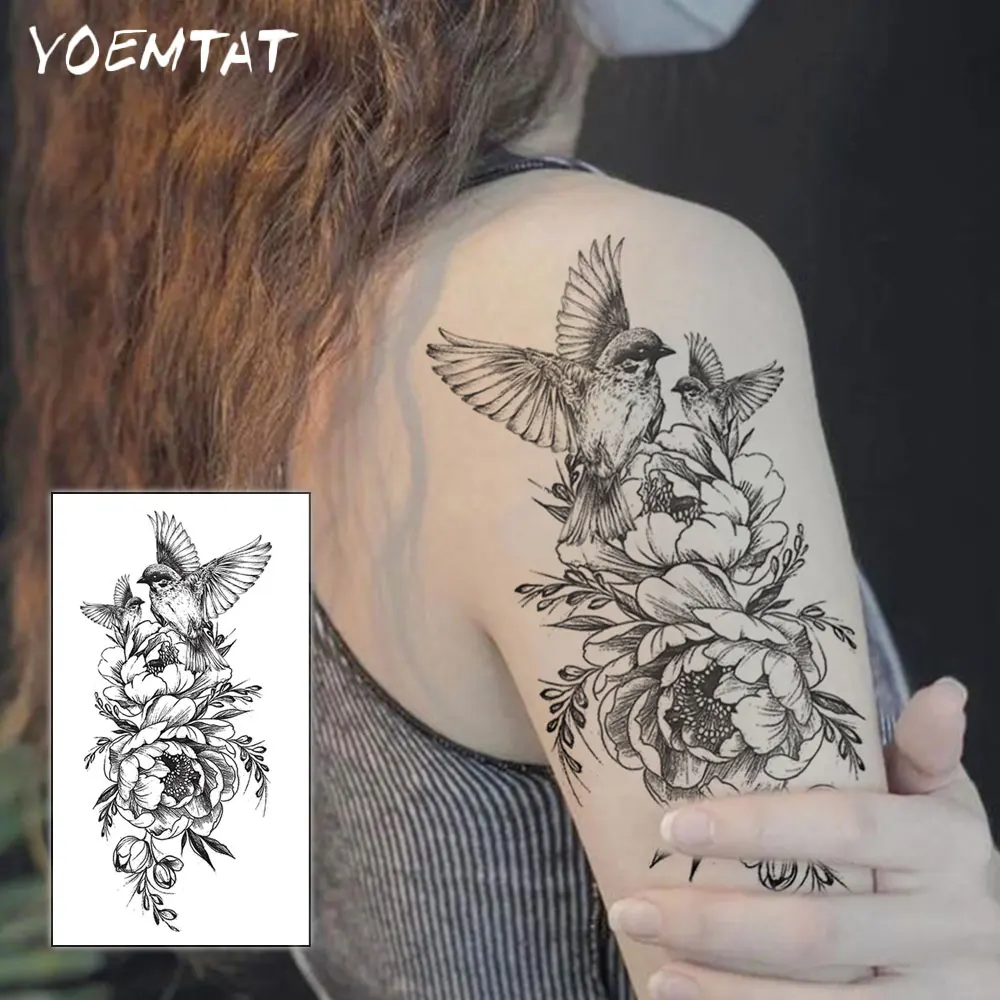 Waterproof Temporary Tattoo Sticker Magpie Peony Flower Cute Pattern Body Art Arm Fake Tattoos Sleeve Women Men Chest Waist Legs 3