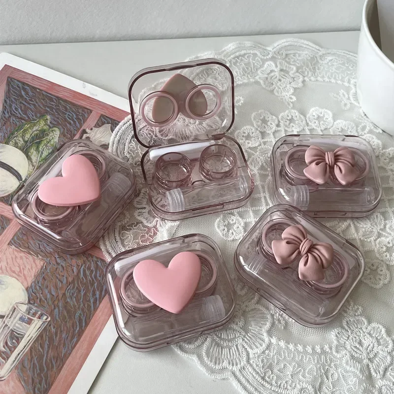 Pink Transparent Love Bow Contact Lens Storage Case - Portable Beauty Eye Care Container