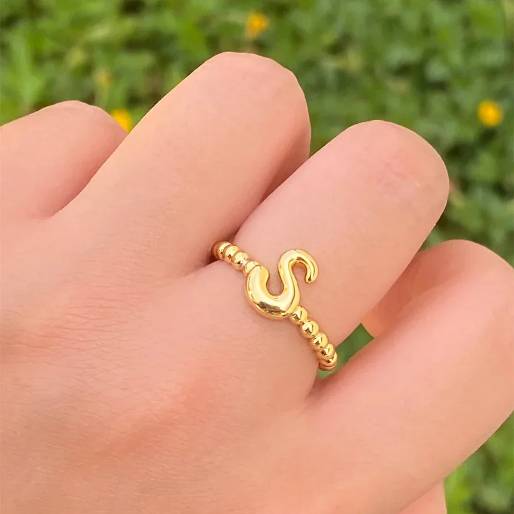 Classics Creative Opening Circle Alphabet Initial Knuckle Ring Stainless Steel Gold Color Letter A-Z Polished Metal Rings Party