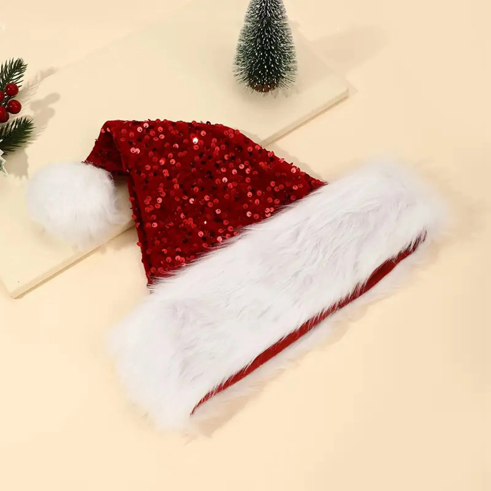 Christmas Beanie Hat Red Double-Layer Sequin Sea Style Plush Hat christmas beanie hat