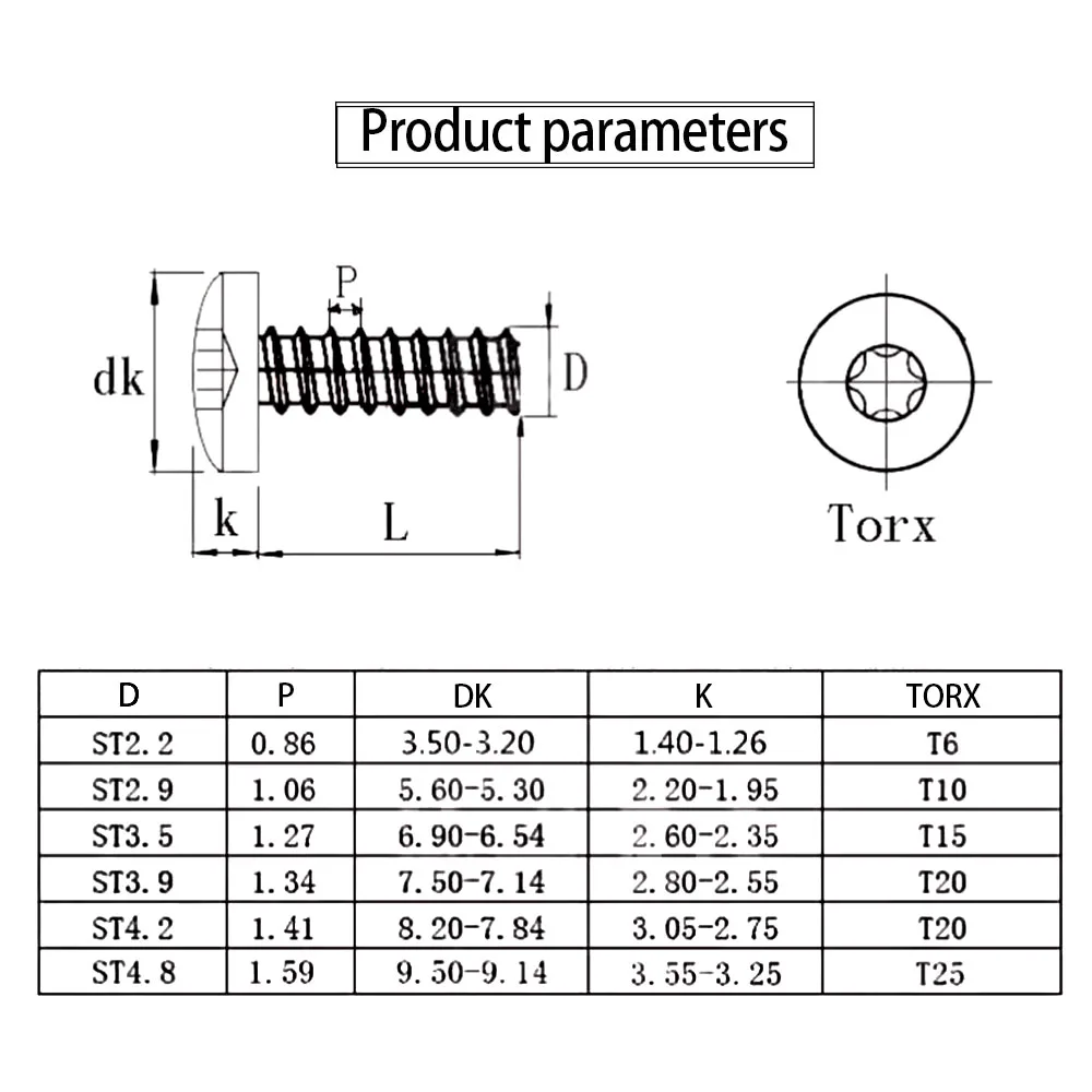 Torx Pan Head Tapping Screw for Plastic M2 M2.3 M2.6 M3 M3.5 M4 M5 Stainless Steel Round Six Lobe Self Tapping 10-50pcs