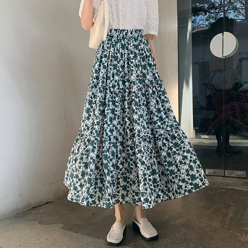 Fashion Printed Spliced Ruffles Floral Pleated High Waist Skirts Women's Clothing 2024 Summer New Loose Casual Elastic Skirts