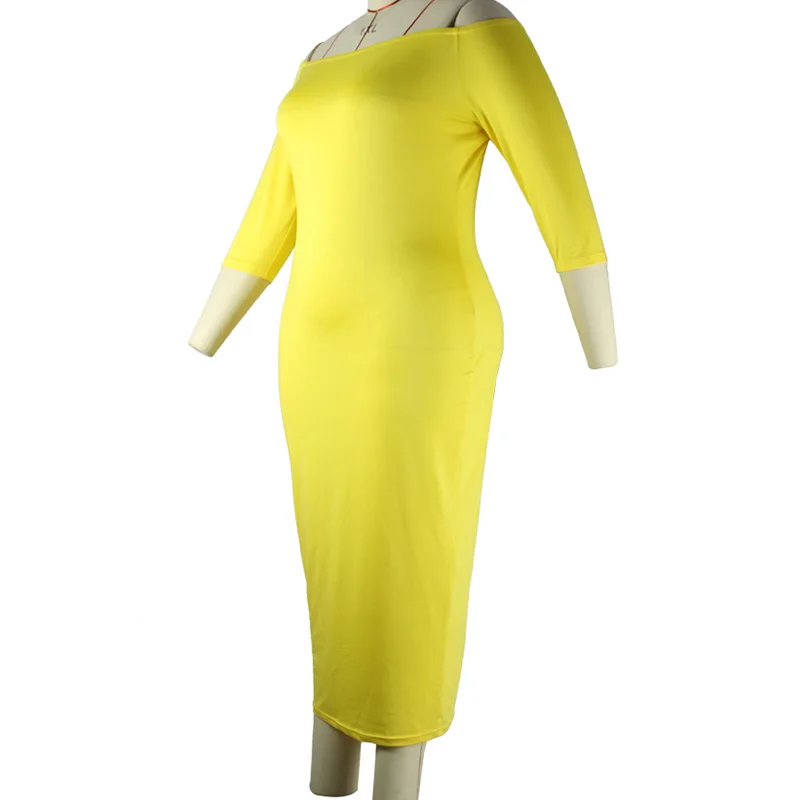 One Word Collar Solid Color Half Sleeve Spring Autumn Women Clothing Office Lady Milk Silk Fabric Pullover Plus Size Midi Dress