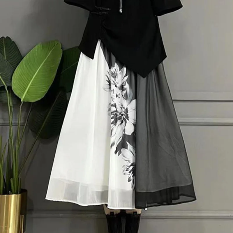 Summer Large Chinese Style Fashion Set Skirt Women's Style Pan Button Short sleeved Top Leisa Half skirt Two piece Setdress sets