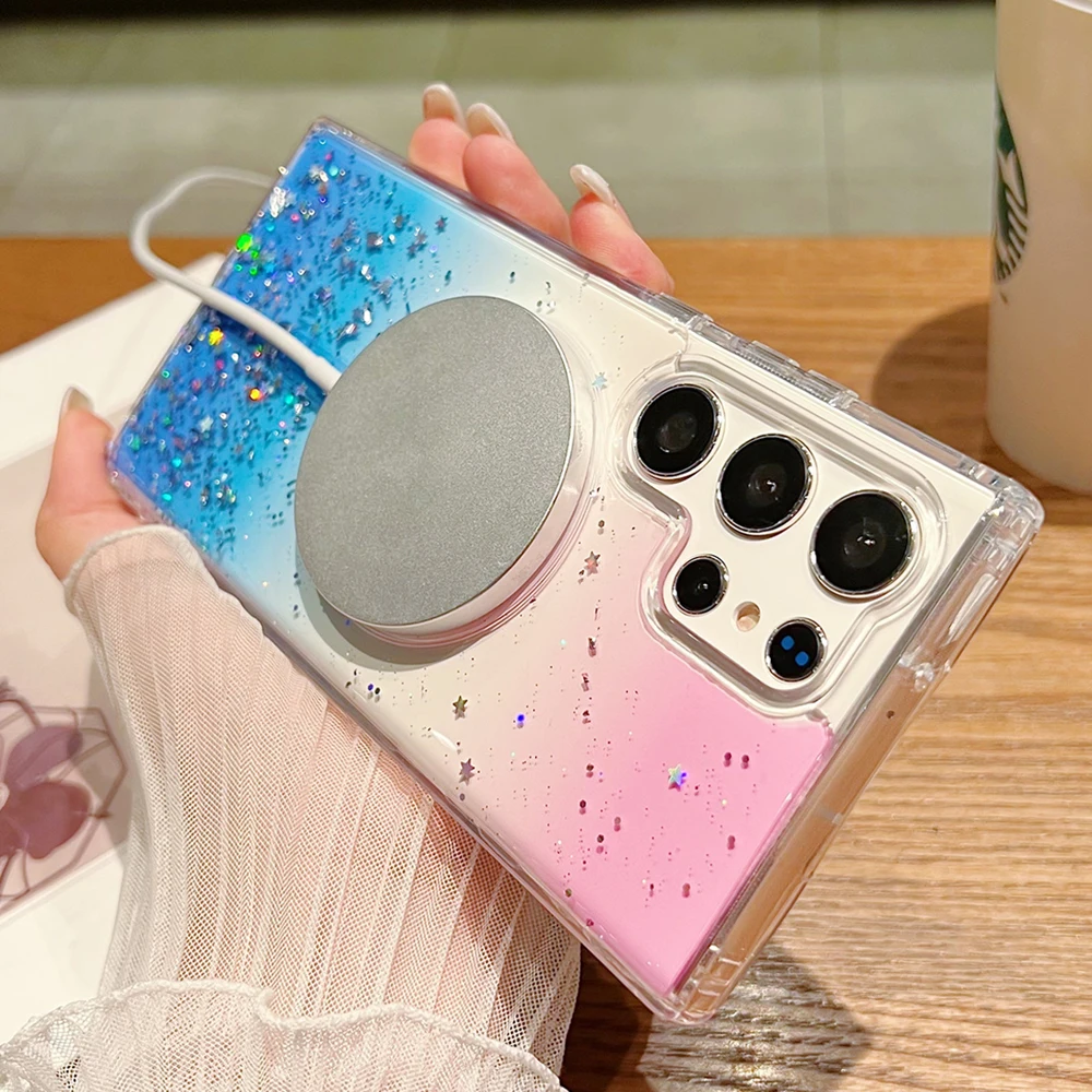 For Samsung Galaxy S23 S22 Ultra Plus Case Luxury For Magsafe Magnetic Glitter Rainbow Gradient Colorful Clear Soft Back Cover- Sa28ee0acba554d9c9cd25d0490e48dbea