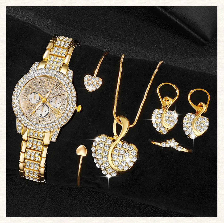 Damen Quarzuhr Gold Luxus Damen Ring Halskette Ohrring Strass Mode Armbanduhr lässig Damen Uhren Schmuck Set – Detail 6