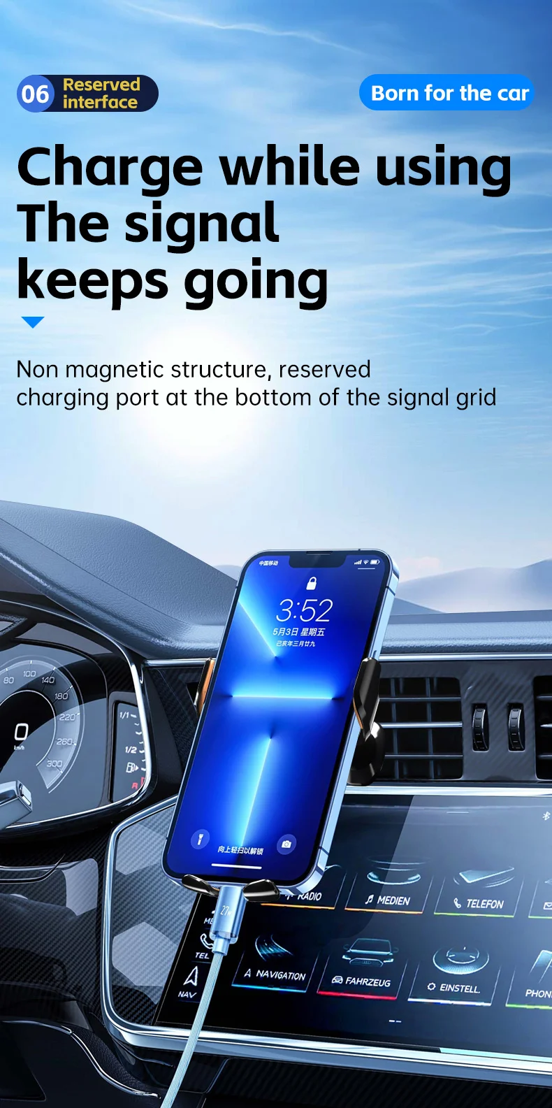 Rutschfestes kabelloses Auto-Ladegerät, Telefonhalter, Ständer, Lüftungsschlitze, Handy-Halterung für iPhone, Samsung, Xiaomi, automatische Schnellladestation – Detail 7