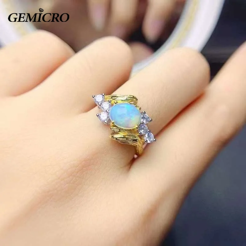 

Gemicro Natural Opal 6*8mm Ring Real 925 Solid Sterling Silver Fine Jewelry for Women Anniversary Gift Green Gemstonge