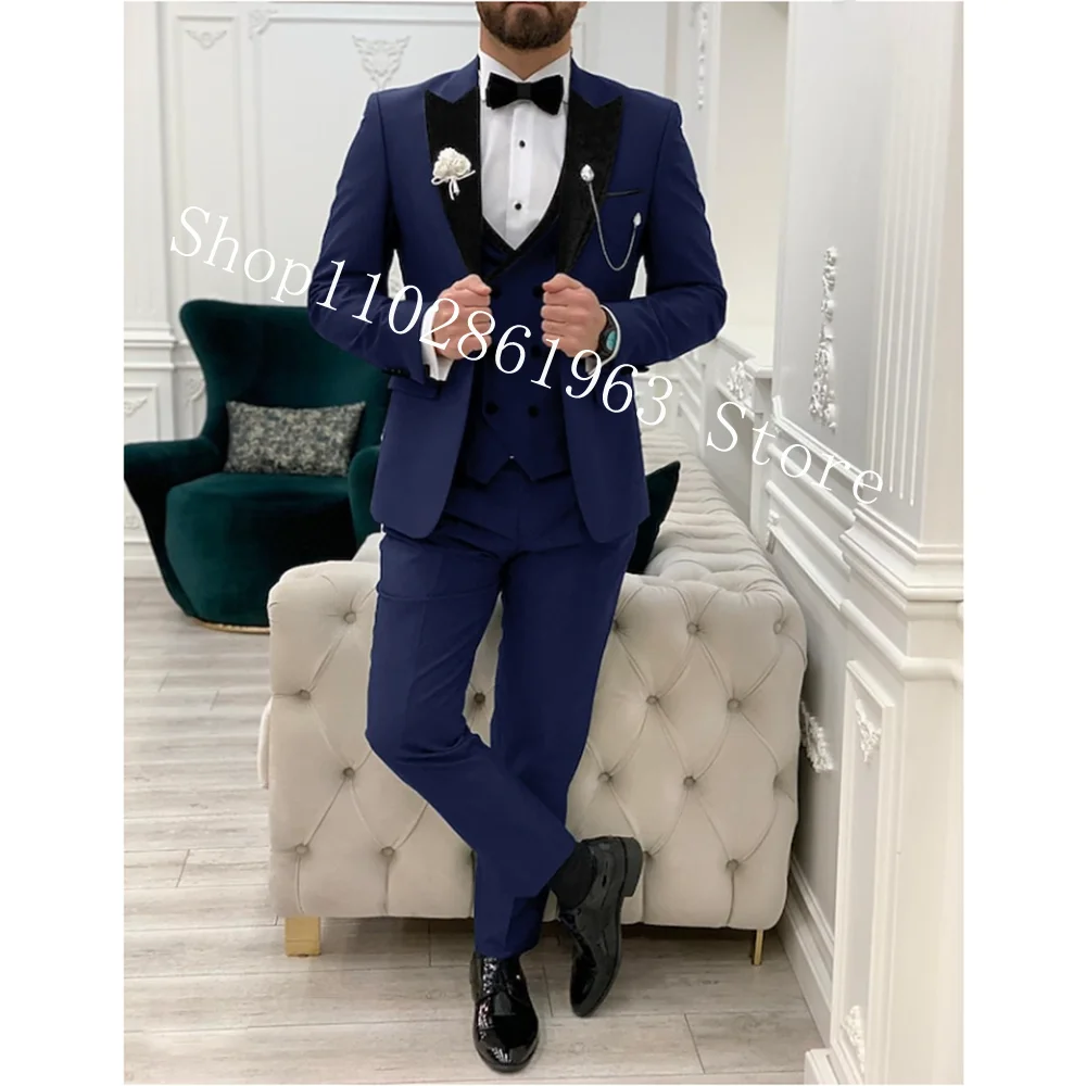 

Navy Blue Suits Men Blazer 3 Pieces Suits Formal Business Groomsmen Wedding Groom Tuxedos Jacket+Vest+Pants Trajes De Hombre