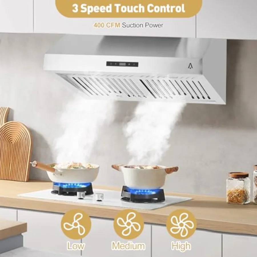Under Cabinet Range Hood 30 Inch 400CFM Stainless Steel Kitchen Stove Vent Hood with 3 Speed Exhaust Fan Touch Control LED Ligh