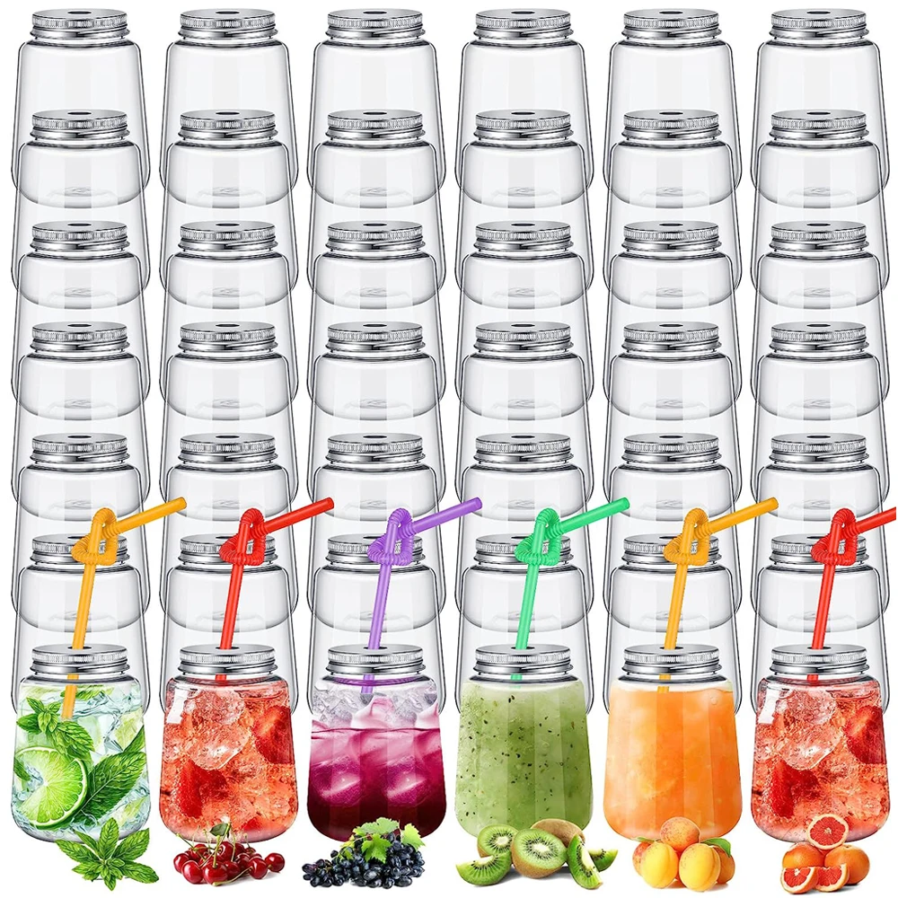 

24pcs Plastic Mason Jars with Lids and Straws Plastic Juice Bottles Drink Containers with Aluminum Caps Clear Beverage Container