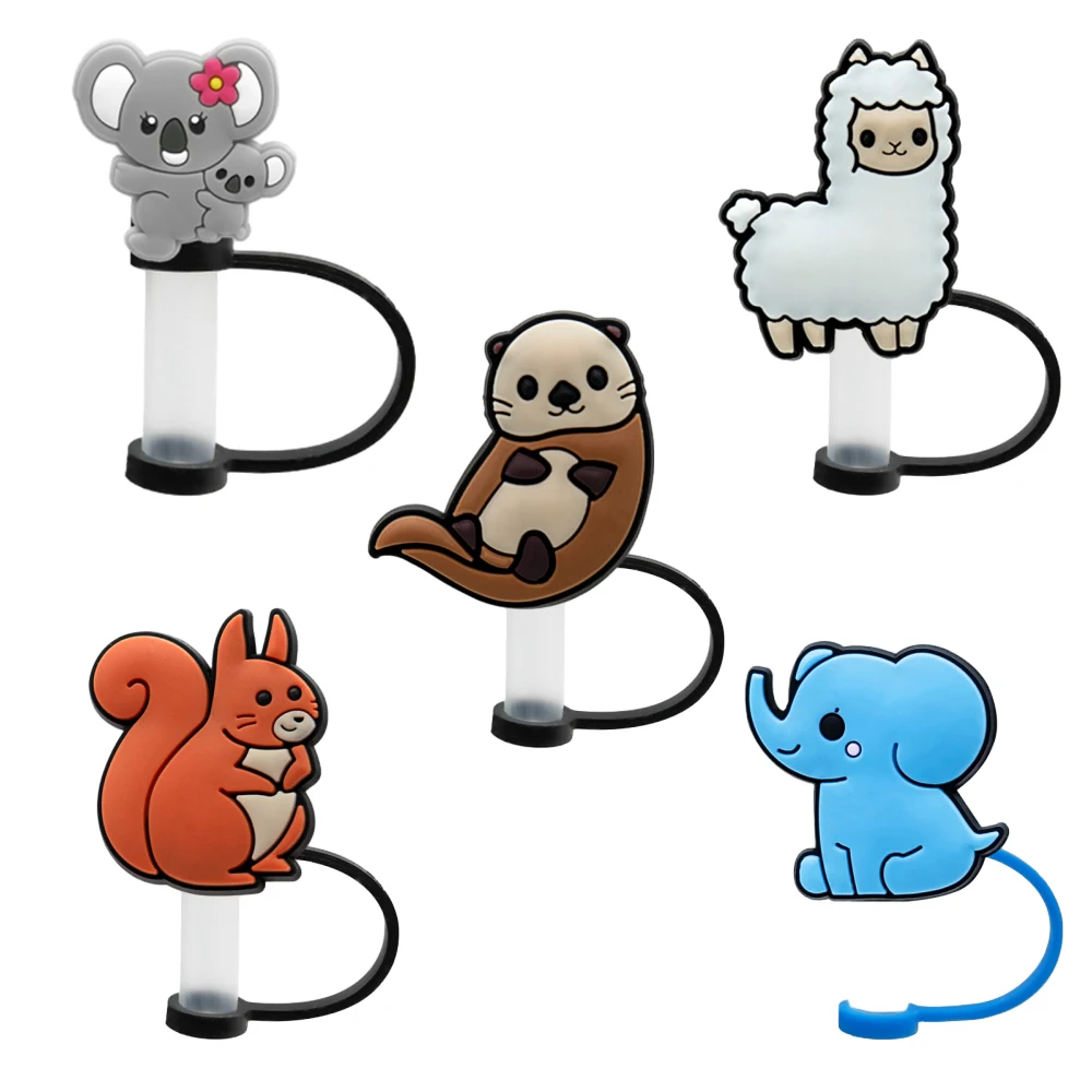 Silicone Cute Animals Straw Caps 8mm Pink Salamander Cats Butterfly Straw Toppers Cover Tumbler Cup Accessories Dust-proof 5pcs