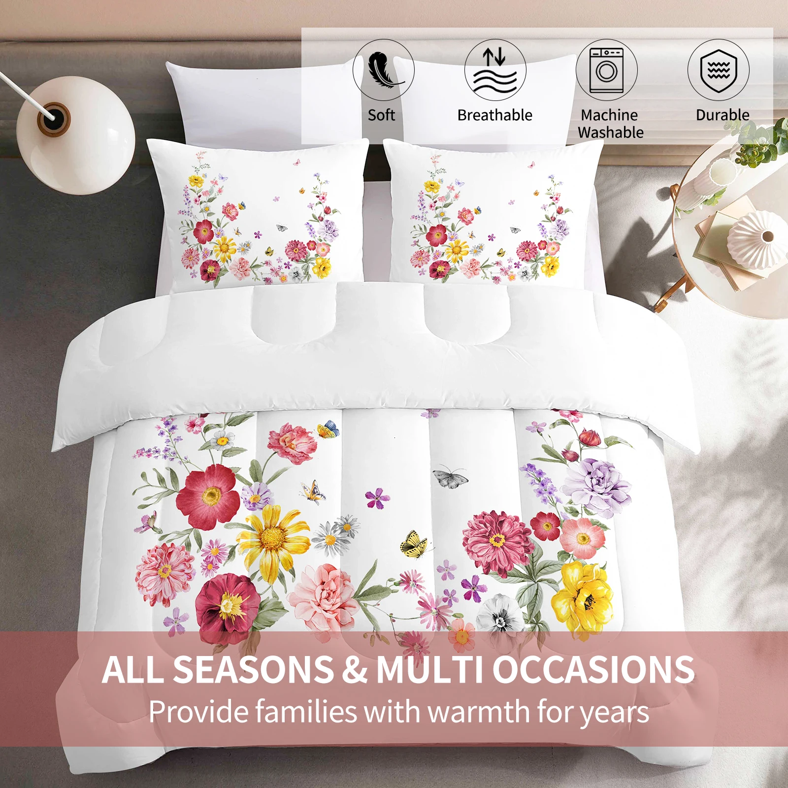 3pcs 100% Microfiber Colorful Flower Print All Season Bedding Set Skin-friendly Comforter For Bedroom Guest Room Decor