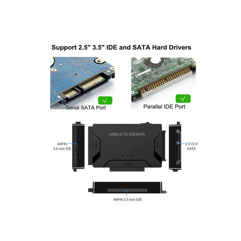 Adattatore USB 2.0 A IDE E SATA Per HDD 2.5 E 3.5 Pollici – Con Alimentatore – Cavo Per Dischi