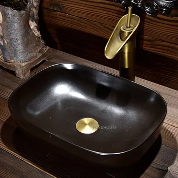 โมร็อกโก Vintage ตารางอ่างล้างหน้าสําหรับเฟอร์นิเจอร์ห้องน้ํา Square Art อ่างล้างหน้าบ้านโมเดิร์นครัวเรือนเซรามิคสีดําห้องน้ําอ่างล้างหน้าอ่างล้างหน้า 1