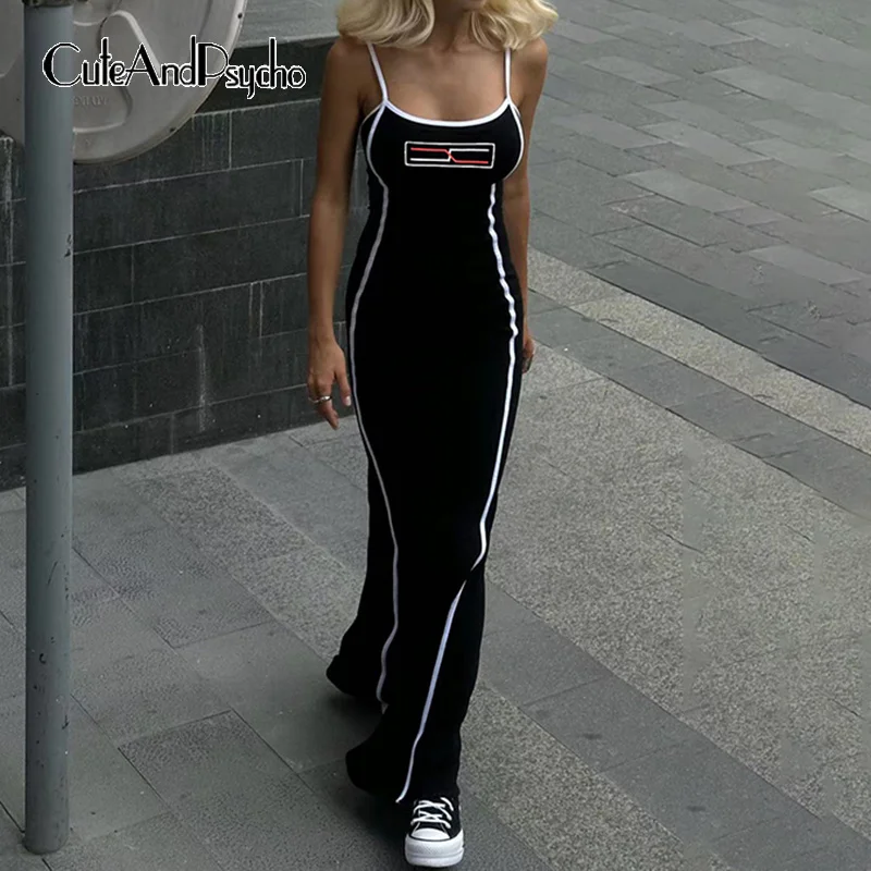 

Cuteandpsycho Sexy Party Letter Print Long Dresses Sleeveless Fashion Clubwear 90s Straight Cloth Streetwear Casual Sundresses