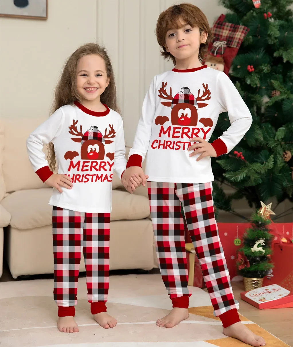 Merry Christmas Print Matching Family Outfits 2024 Winter Cartoon Cute Plaid Pajamas Set Soft Casual Sleepwear Pyjamas Xmas Look 3