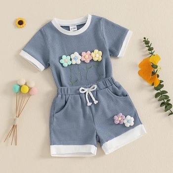 Toddler Girl Floral Print Short Sleeve Round Neck Top and Elastic Waist Shorts 2-Piece Set for Summer Outfit 1