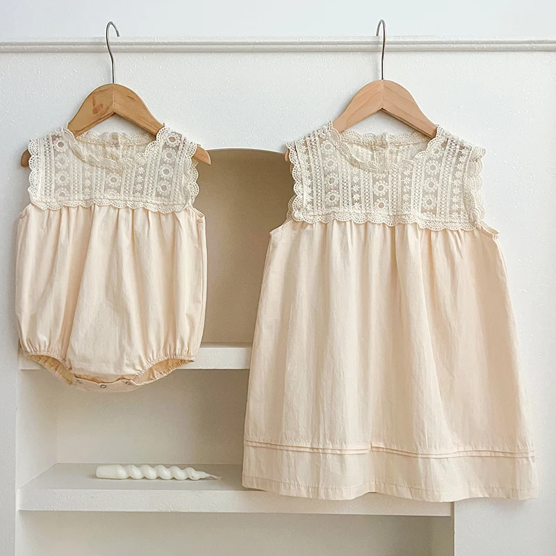 

2024 New Summer Girls Princess Dress Sleeveless Cotton Lace Splicing Toddler Baby Bodysuits Kids Party Dress Sisters Clothes