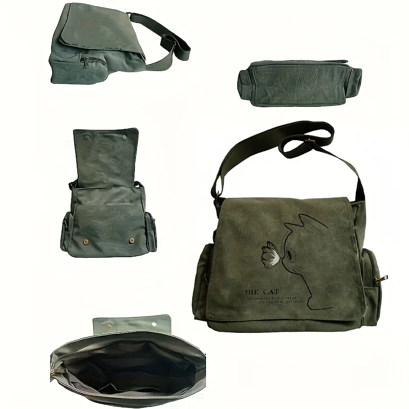 Multi-functional Women's Bag Vintage Army Green Canvas Shoulder Bag Lovely Cat Pattern Crossbody Messenger Bag
