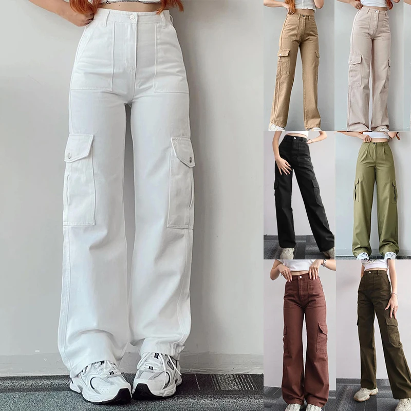 Casual New Summer Korean Style Multi-Pocket Cargo Pants Women Loose Straight Trousers Denim Baggy Pants Pantalon Femme Clothing