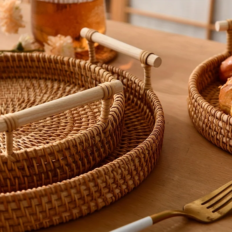 1pc Artisanal Woven Rattan Serving Tray,Dual Handles, Multipurpose Tea and Snack Presentation Platter, Ideal Bread Basket