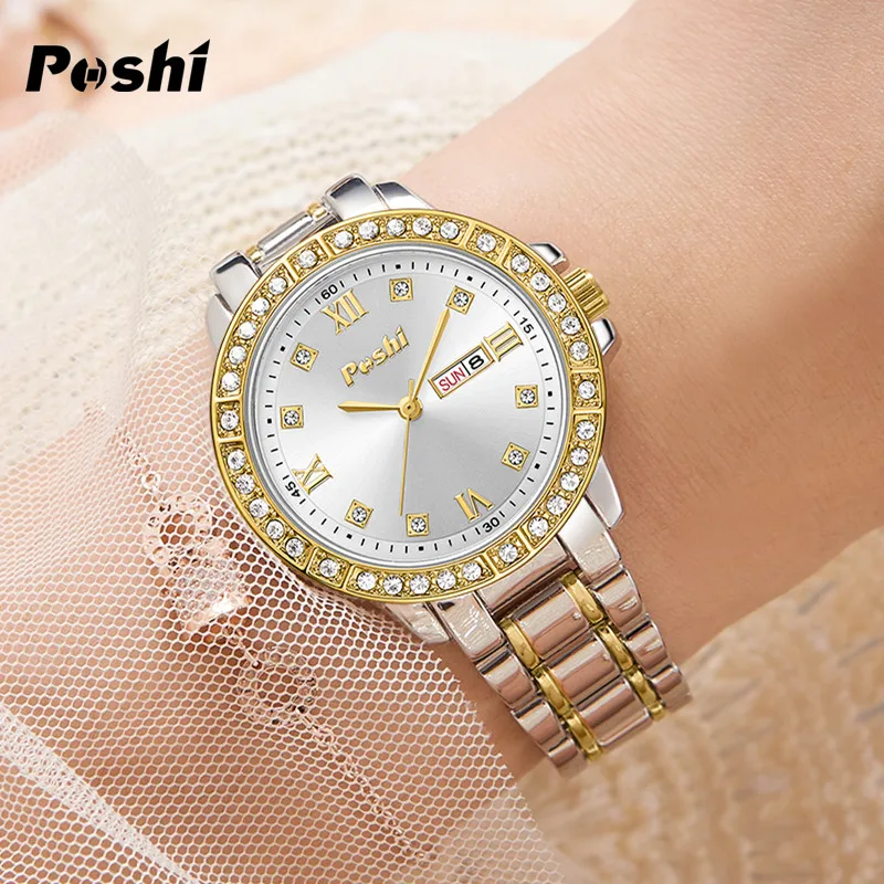 POSHI Quartz Watch for Women Alloy Strap Causal Ladies Wristwatch with Date Week Fashion Elegant Bracelet Waterproof Gift 3
