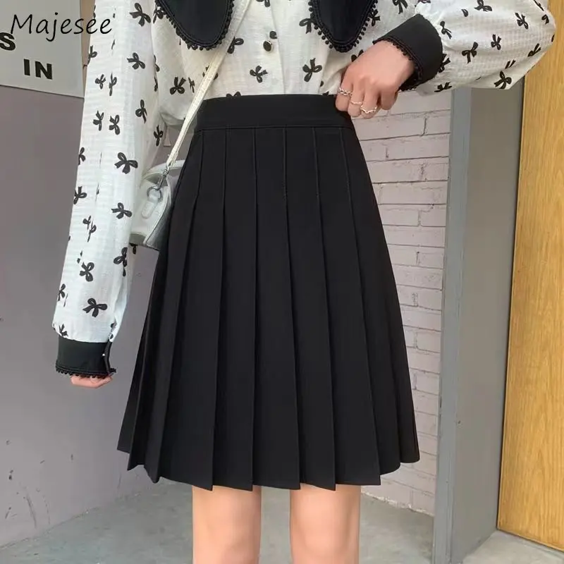 

Pleated Skirts Women Preppy Style Loose Summer Casual High Waist Chic Ankle-length Solid Fashion All-match Ulzzang Schoolgirls