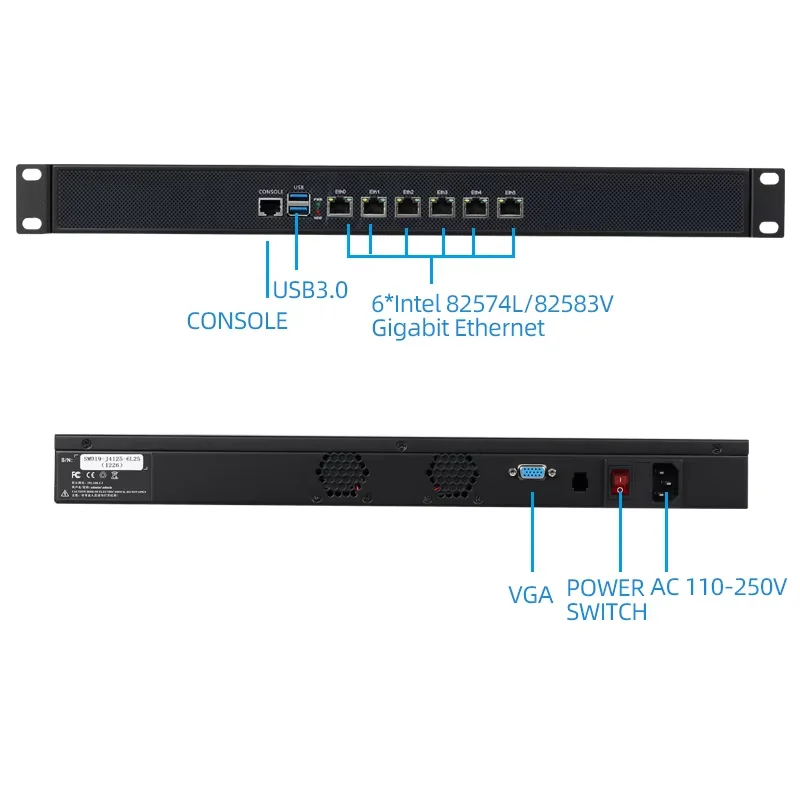 מכשיר קיר אש מעמד 1U Intel Core i5-6200U 6300U 8250U 6x Intel 82574L/82583V/i226V Gigabit Ethernet Windows Linux Router OS