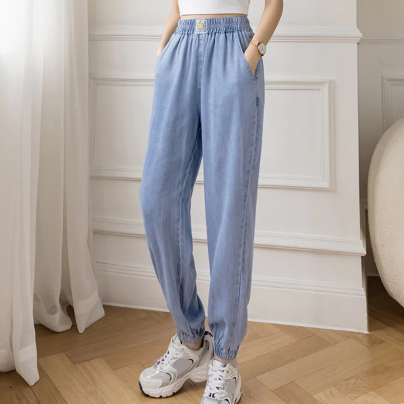 Rimocy 2022 Spring Blue Loose Harem Jeans Women Elastic High Waist Casual Pants Woman Streetwear Denim Long Trousers Female 2XL |