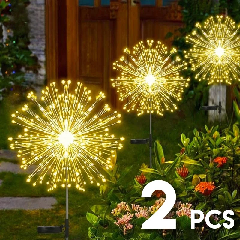 2pcs Led Solar Fireworks Lights Waterproof Outdoor Dandelion Flash String Fairy Lights For Garden Landscape Lawn Decor